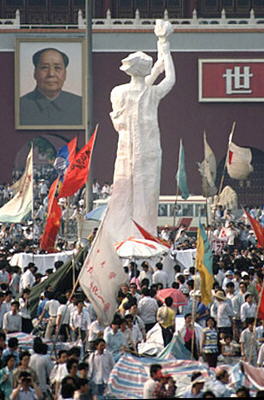 "The Goddess of Democracy", modelled after the Statue of Liberty, was carved by students from the Central Academy of Fine Arts and erected in the Square.
